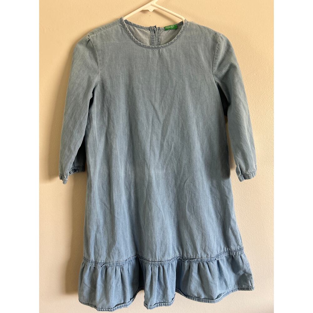United Colors of Benetton Girls Denim Dress 9 Chambray Ruffle Hem Long Sleeve